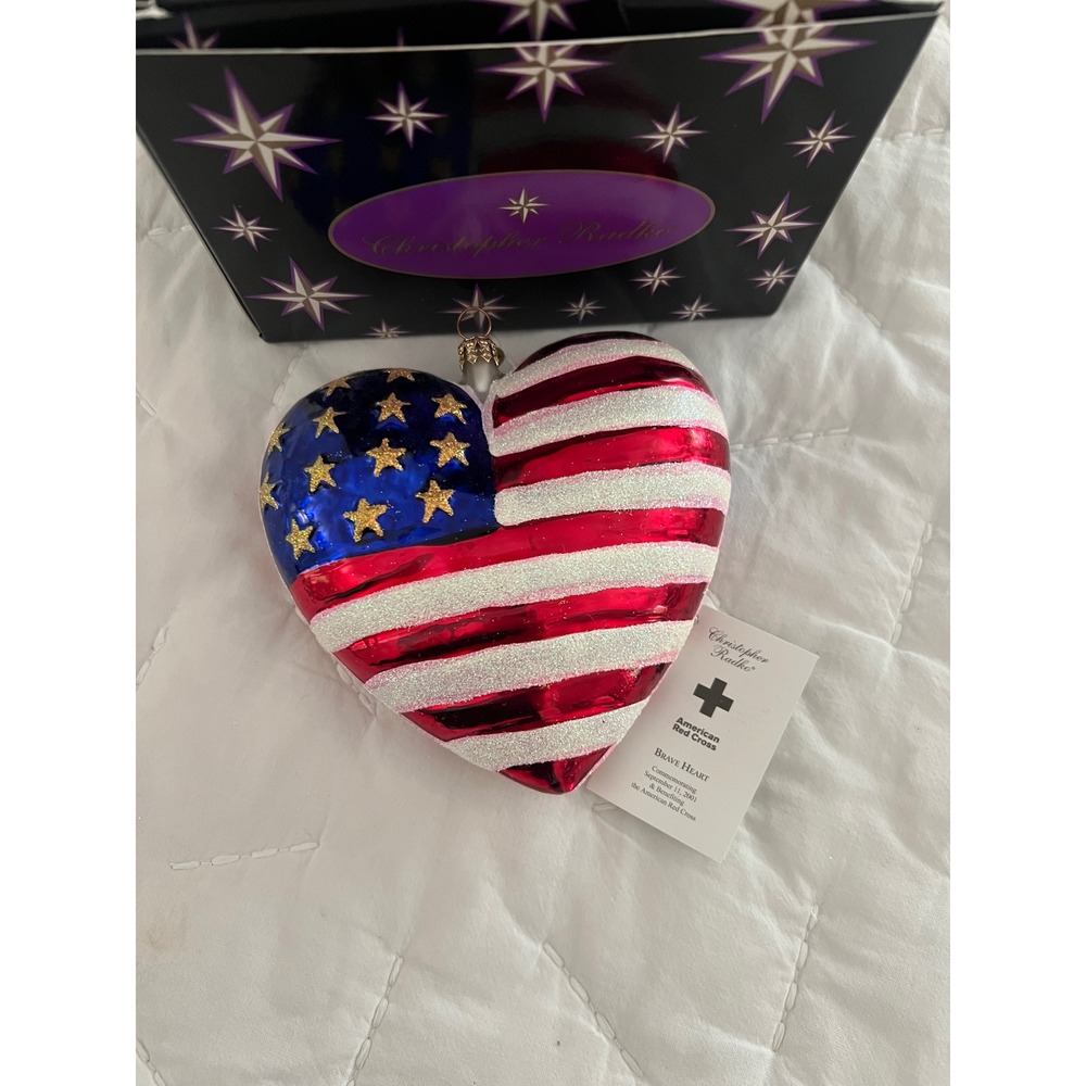 Christopher Radko Brave Heart American Flag Red Cross Glass Ornament 9/11 Boxed